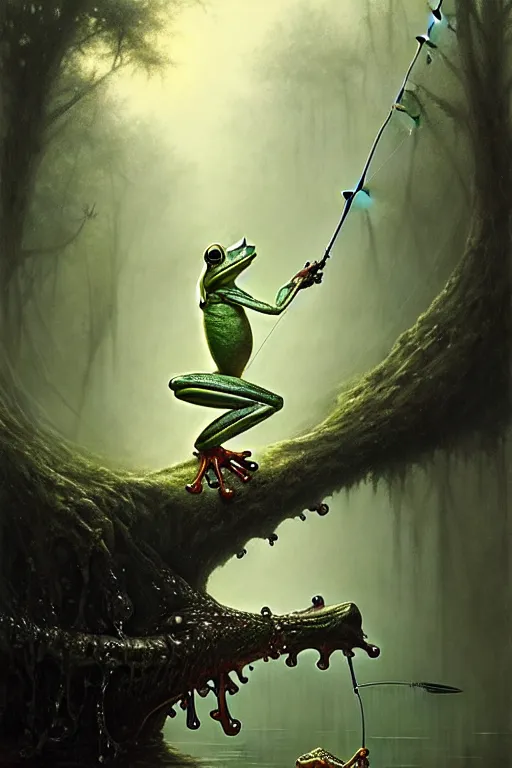 Prompt: frog fishing with a fishing pole by the water by anna podedworna, ayami kojima, greg rutkowski, giger, maxim verehin