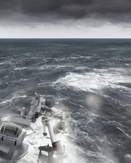 Image similar to view from an aircraft carrier of stormy seas, stormy weather, unreal engine, 3D digital art, ultrawide shot, 16mm lens