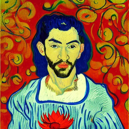 Image similar to an artistic portrait of armond of the white lotus, high quality, studio photography, colorful, hero, heroic, beautiful, in the style of vincent van gogh