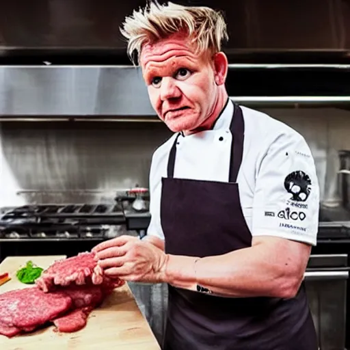 Prompt: photo of gordon ramsay cooking muppet meat