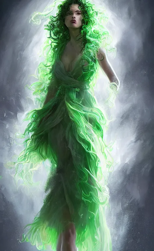 Image similar to a young woman with wild, curly hair and bright green eyes. she's wearing a flowing dress made of light, airy fabric and she has a mischievous look on her face, dynamic lighting, photorealistic fantasy concept art, trending on art station, stunning visuals, creative, cinematic, ultra detailed