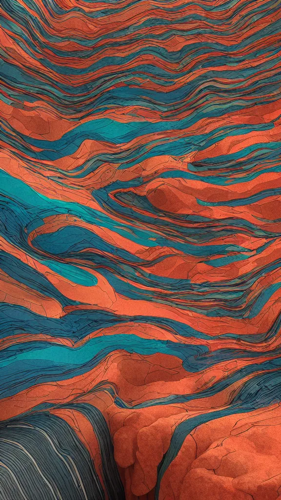 Prompt: vivid color, sedimentary schematic, organic swirling igneous rock, architectural drawing with layers of strata by James jean, geology, octane render in the style of Luis García Mozos