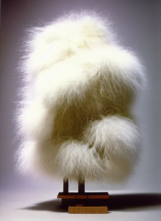 Prompt: realistic photo of a a medieval brushwood archeology scientific equipment device made of brushwood, with white fluffy fur, by dieter rams 1 9 9 0, life magazine reportage photo, natural colors
