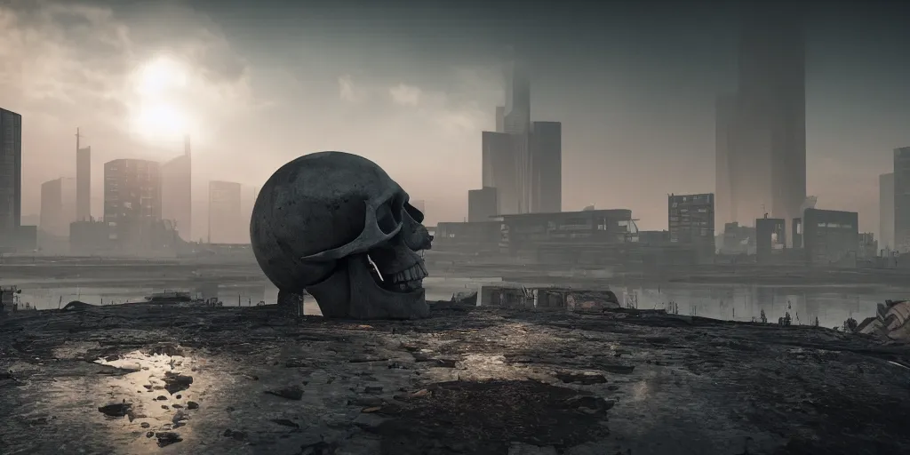 Prompt: concrete skull, surrounded by post apocalyptic city, ponds of water, stunning volumetric lighting, sundown, stunning skies, trending on Artstation, 8k, photorealistic, hyper detailed, unreal engine 5, IMAX quality, cinematic, epic lighting, cryengine, octane render, gloomy, foggy, dark