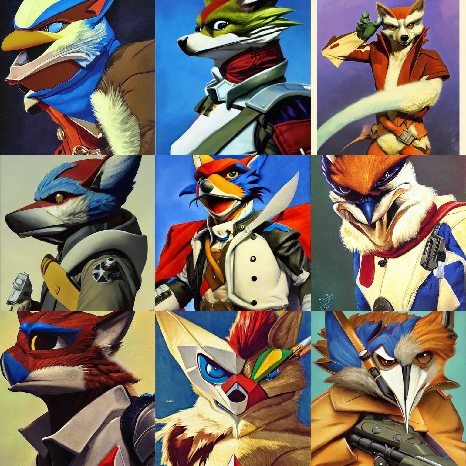 Prompt: Falco Lombardi from Starfox, full color painting by J.C. Leyendecker