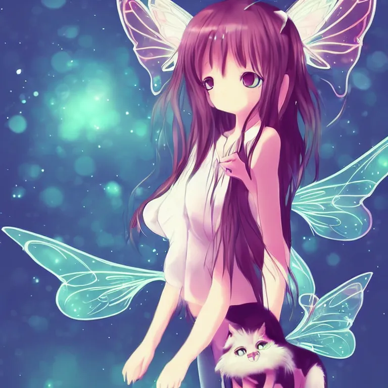 Image similar to cute, full body, female, anime style, a cat girl with fairy wings, large eyes, beautiful lighting, sharp focus, simple background, creative, heart effects, filters applied, illustration