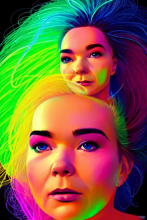 Prompt: a award winning portrait of the musician bjork, beautiful woman with stunning eyes in a one off shoulder croptop and cargo pants with rainbow colored hair, outlined by whirling illuminated neon lines and fine lines swirling in circles by ilya kuvshinov, digital art, trending on artstation