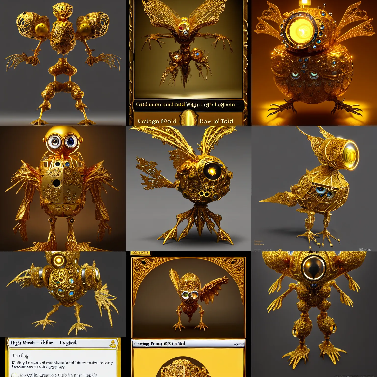 Prompt: hollow gold filigree bird golem, with a bright gem inside it. visible clockwork, bright internal light, flying, detailed 8 k, kaladesh, craig j spearing, fantasy, award - winning photography trending on artstation, cgsociety, deviantart