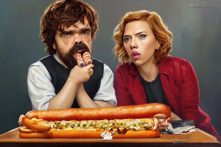 Prompt: portrait of peter dinklage sharing hotdogs with scarlett johansson, an oil painting by ross tran and thomas kincade