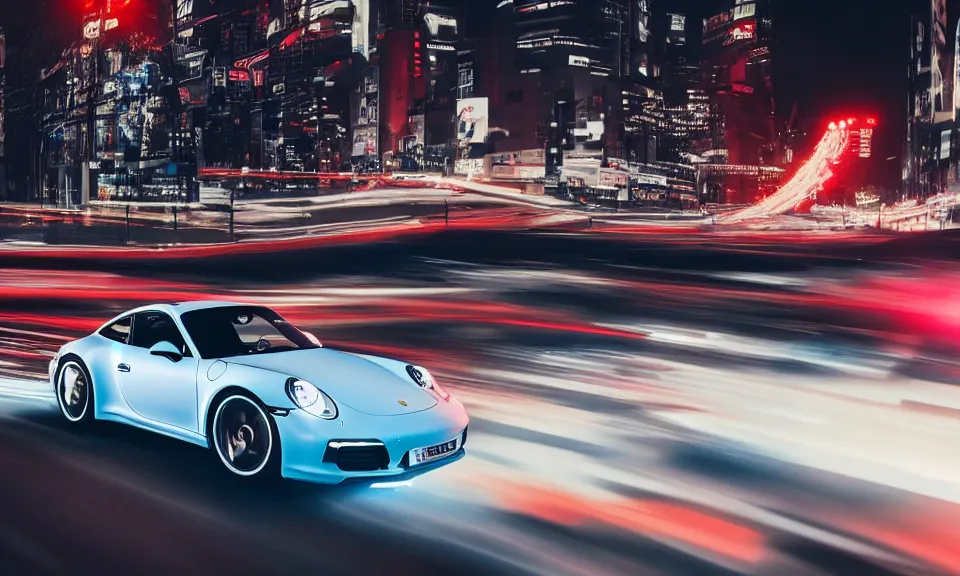 Image similar to photo of a porsche 911 at night drifting through a city, cinematic, 4k, long exposure photography, tokyo drift, fast and furious, film still, night photography, motion blur, lens flare, movie shot, light trail, distortion, wide angle