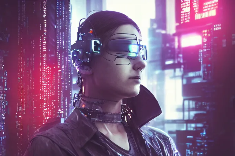 Image similar to cyberpunk hacker closeup portrait in high tech compound by Emmanuel Lubezki