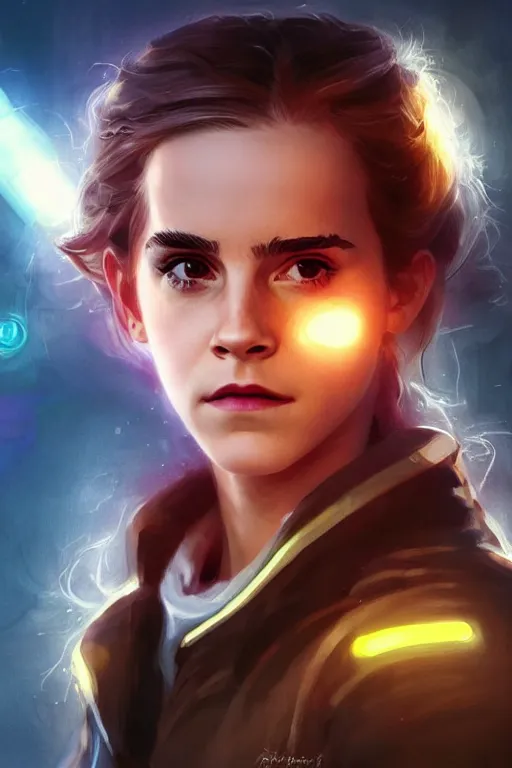 Image similar to portrait of cyborg Emma Watson as Hermione Granger in cyberpunk, neon lighting, night city, digital art from artstation by Ruan Jia and Mandy Jurgens and Artgerm and william-adolphe bouguereau and Greg Rutkowski and Wayne Barlowe