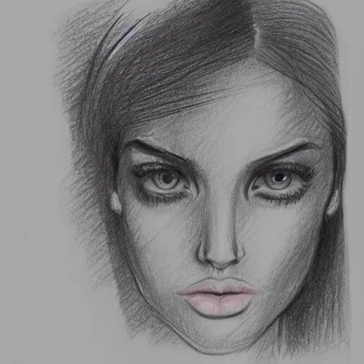 Image similar to drawing of a woman face in a notebook, front view, pencil, charcoal