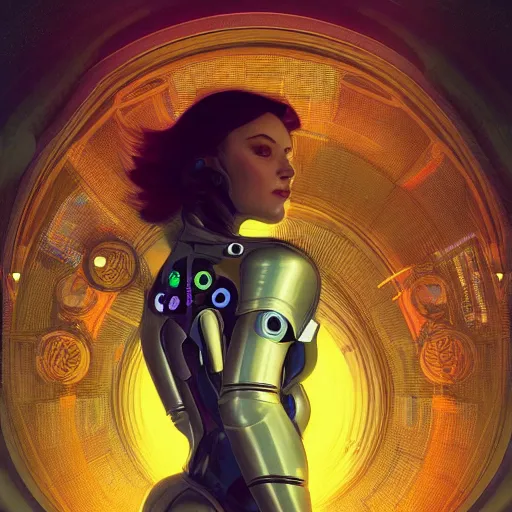 Image similar to futuristic cyberpunk android woman | hyperrealistic | action pose | digital painting | trending on artstation | pinup portrait | clean | illustration | dressed | unreal engine 5 | 8 k resolution | by greg rutkowski alphonse mucha gustav klimt and mel ramos