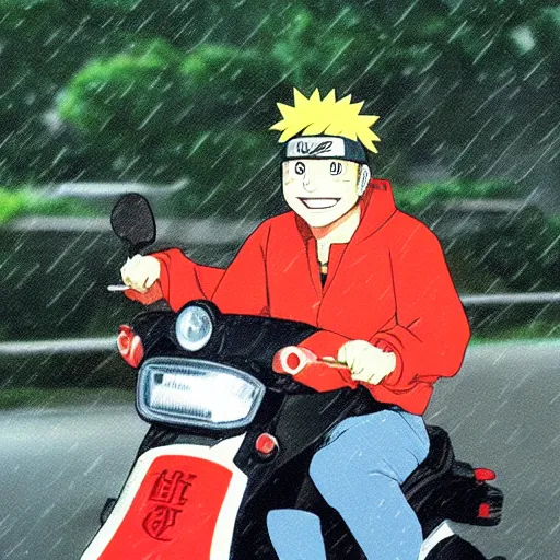 Prompt: Photorealistic photograph of Naruto smiling while driving a moped during a rainy night, 35mm photograph, realistic, heavy detail