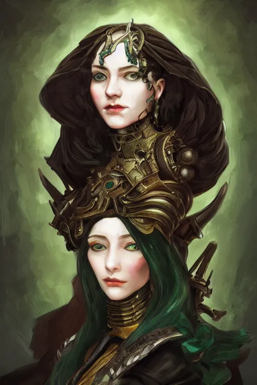 Image similar to portrait, headshot, digital painting, of a 17th century, beautiful, wicked, cyborg merchant girl, dark hair, amber jewels, baroque, ornate dark green clothing, scifi, futuristic, realistic, hyperdetailed, concept art, art waterhouse