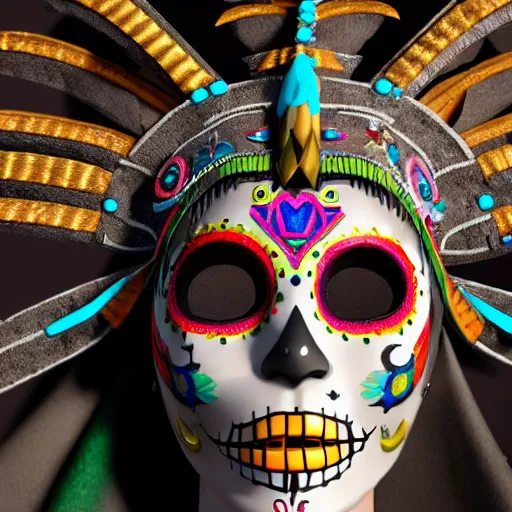 Image similar to zelda wearing dia de los muertos mask, with aztec feathered garments sigma 7 5 mm photo realism, ultra realistic, 8 k resolution, octane render, 3 d render, surreal