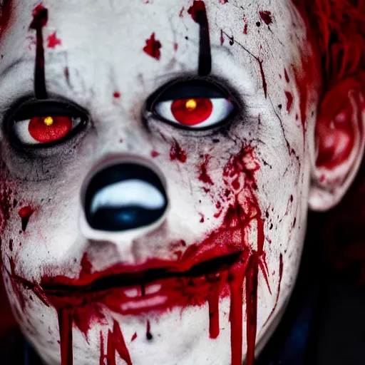 Image similar to wide shot of an expressionless clown with blood splattered on his face, muted tones, slightly out of focus, found footage, dutch angle