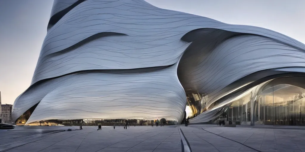 Image similar to extremely detailed stunning sophisticated beautiful elegant futuristic museum exterior by Zaha Hadid, Milan buildings in the background, smooth curvilinear design, stunning volumetric light, stainless steal, concrete, translucent material, beautiful sunset, tail lights