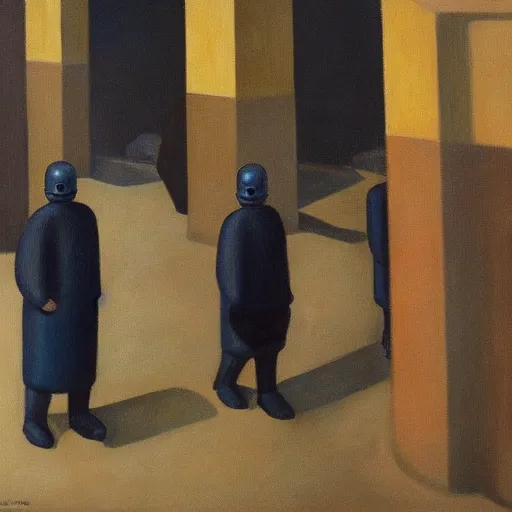 Image similar to drab workers wearing gas masks walking along cloisters, watched by fascist robots, brutalist courtyard, dystopian, pj crook, edward hopper, oil on canvas