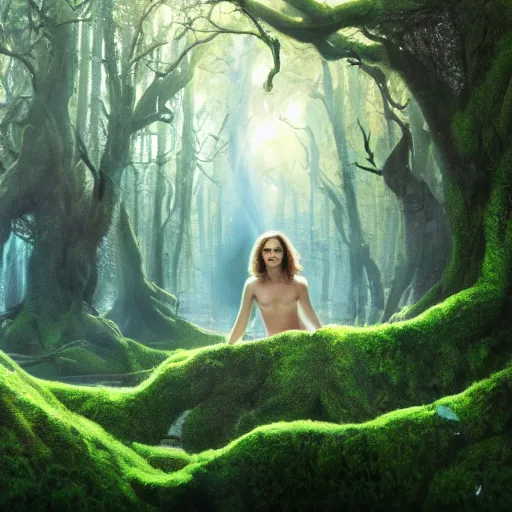 Image similar to Portrait of Natalie Portman as a dryad, characteristic sparkling green eyes, looking straight to the camera, illuminated for rays of light, behind her is an ancient forest full of life, by Annie Leibovitz, Ellie Victoria Gale and Steve McCurry, matte painting, oil painting, naturalism, 4k, 8k