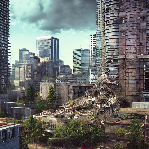 Image similar to a world fallen by disease, seattle completely wasted away, nature taken over and grow over buildings, high quality photorealism, cinematic, epic, Deviantart, artstation, high detail Octane render