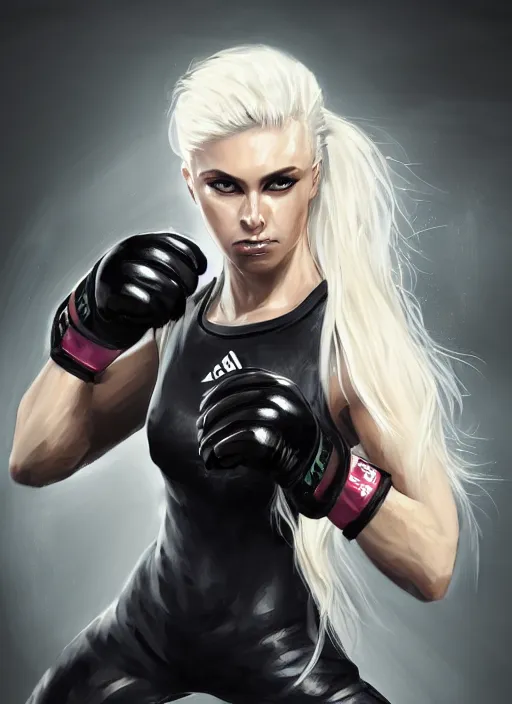 Image similar to a highly detailed illustration of fierce ponytail platinum blonde woman wearing black mma gear and gloves, dramatic muay thai kick stance pose, fairly muscular, athletic, intricate, elegant, highly detailed, centered, digital painting, artstation, concept art, smooth, sharp focus, league of legends concept art, WLOP