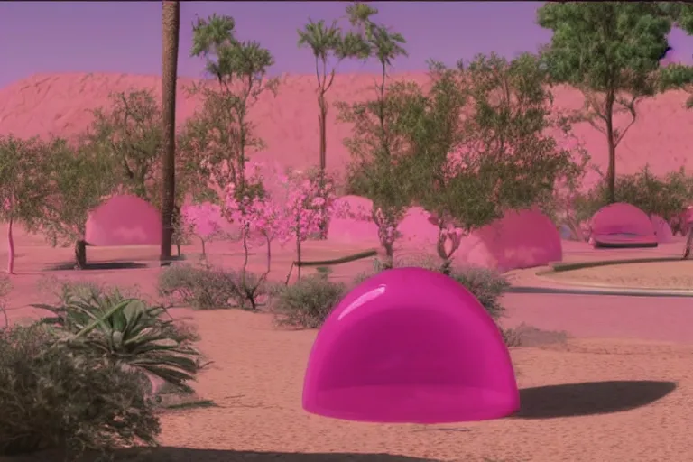 Image similar to desert oasis in a translucent pink casing electronic environment, ps 3 screenshot, still from a kiyoshi kurosawa movie, sanrio core