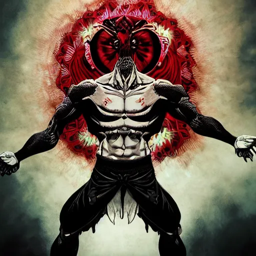 Image similar to 4K headshot portrait of godlike Ninja with defined arms and open hands and bloody clothes with giant mandala wings , intricate face , flawless anime cel animation by Kentaro Miura, psychedelic , highly detailed upper body , professionally post-processed , beautiful, scary, symmetry accurate features, epic, octane rendered, anime masterpiece, accurate by Craig Mullins, ilya kuvshinov, krenz cushart, epic , artgerm trending on artstation by Edward Hopper and Dan Mumford and WLOP and Rutkovsky, beksinski carl spitzweg moebius and tuomas kocar, intricate artwork by caravaggio, Unreal Engine 5, Lumen, Nanite