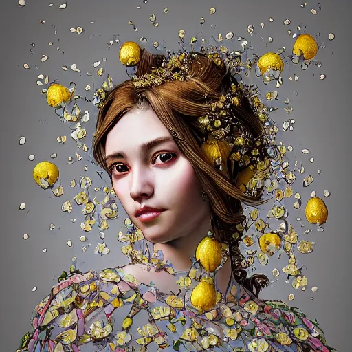 Image similar to the portrait of an absurdly beautiful, graceful, elegant, sophisticated, young teen girl made up of lemons looking up, an ultrafine hyperdetailed illustration by kim jung gi, irakli nadar, intricate linework, bright colors, octopath traveler, final fantasy, unreal engine 5 highly rendered, global illumination, radiant light, detailed and intricate environment