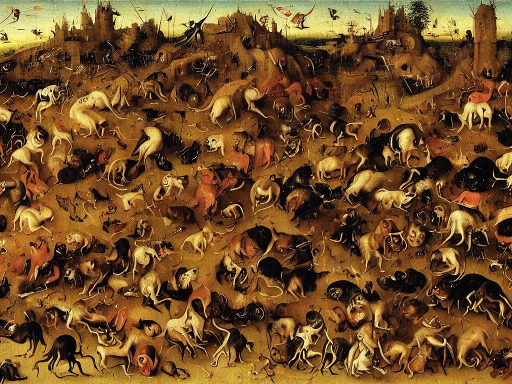 Image similar to dogs in a moshpit at a metal festival jumping and growling at each other, by hieronymus bosch, very wild, cool lighting at sunset, very detailed, concept art