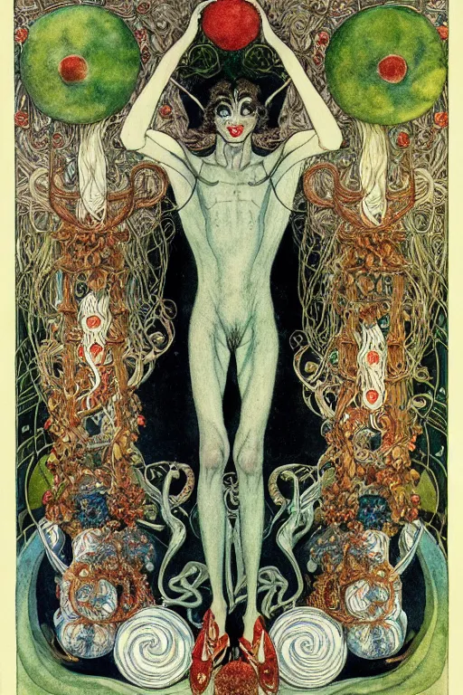 Prompt: portrait of an evil satyr in the center of a frame made of christmas ornaments, art by kay nielsen and walter crane, illustration style, watercolor