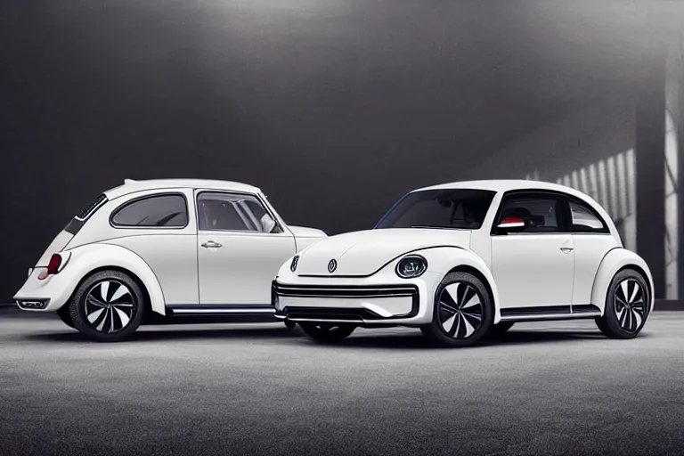 Prompt: Advertisement banner of the new electric Volkswagen Beetle 2023, gullwing doors, silver chrome color, concept car, Syd Mead, minimalist lines, wooden interior, retro futuristic style!!!!! 4k,professional photograph, award winning advertising, creative