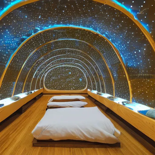 Prompt: cybernetic sleeping pods, diverse humans sleeping in healing pods, humans sleeping in healing pods, wide wide angle, vivid, elaborate, starry forest, highly detailed, beautiful dim lighting