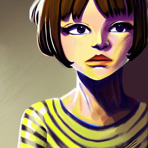 Image similar to Frisk Wearing a striped outfit, digital Painting, ultradetailed, artstation, oil Painting, ultradetailed, artstation