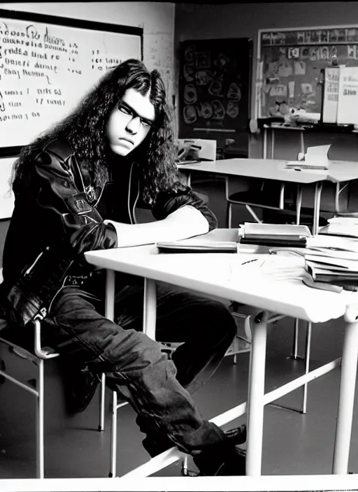 Prompt: cheap film camera photo of a 17 year-old male sitting back at his desk, with long hair, black leather jacket, Metallica T-Shirt in a science high school classroom 1989 American high shcool