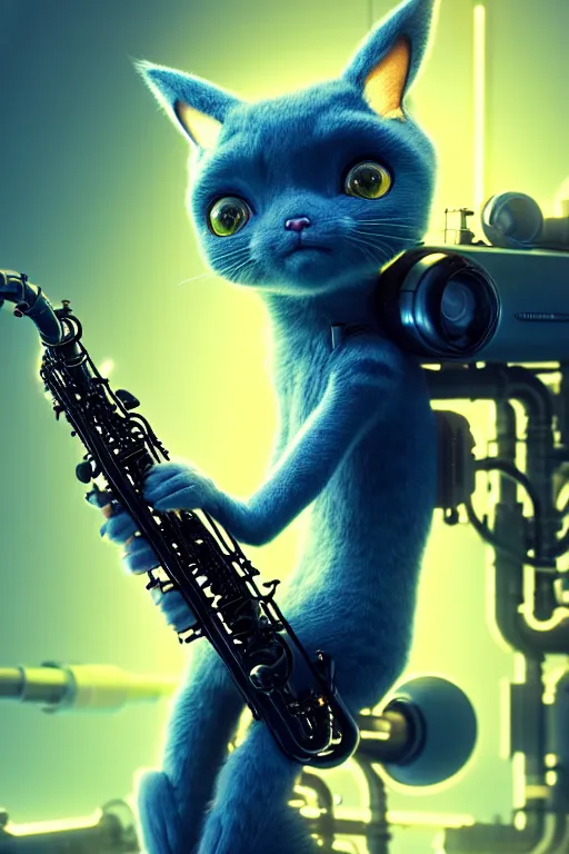 Image similar to high quality 3 d render very cute cyborg! cat plays saxophone, cyberpunk highly detailed, unreal engine cinematic smooth, in the style of blade runner & detective pikachu, hannah yata charlie immer, moody light, low angle, uhd 8 k, sharp focus