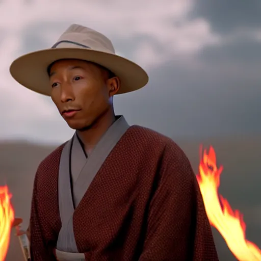 Image similar to cinematic film still Pharrell Williams starring as a Samurai holding fire, Japanese CGI, VFX, 2003, 40mm lens, shallow depth of field,film photography