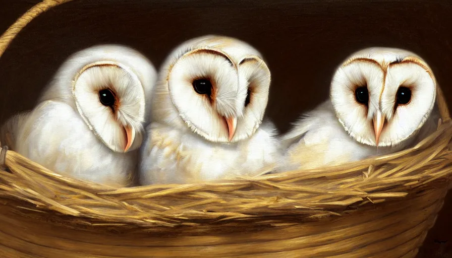 Prompt: highly detailed painting of cute furry white baby barn owls wearing shades cuddling up in a basket by william turner, thick brush strokes and visible paint layers, 4 k resolution