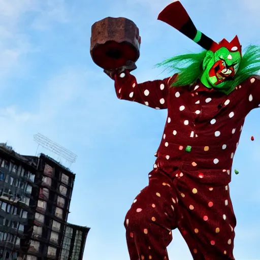 Image similar to Giant Evil Jester Clown Smashing a city with polka dot hammer