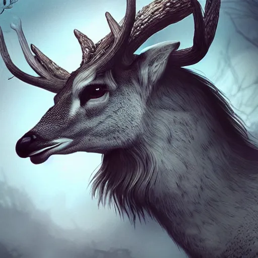 Prompt: hybrid between deer and dragon, profile, fantasy, extremely detailed, nature photography, artstation