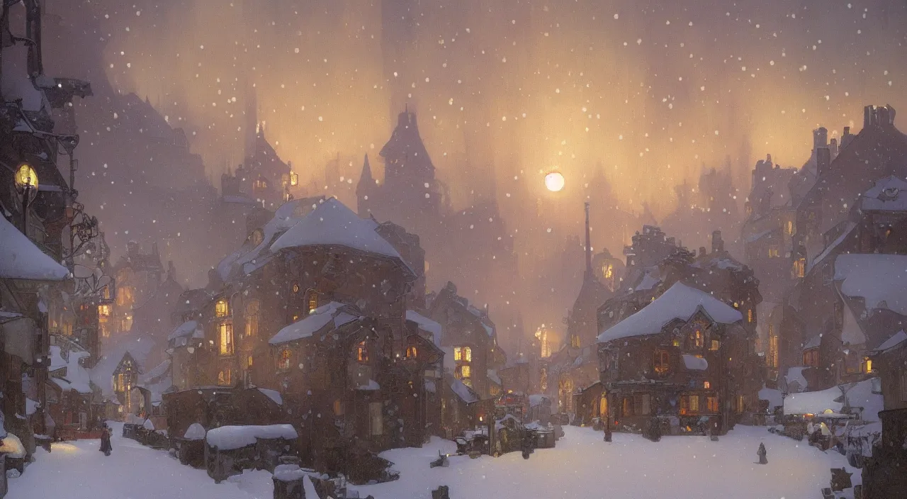 Prompt: A beautiful landscape painting of a small village in the snow at night, smoke rising from the chimneys, by Alfons Maria Mucha and Julie Dillon and Makoto Shinkai