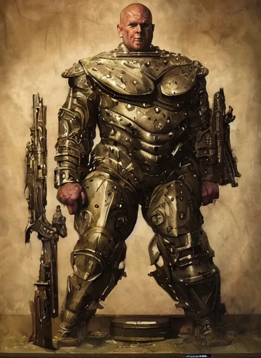 Image similar to 5 0 s pulp scifi fantasy illustration full body portrait martyn ford as huge armoured giant by norman rockwell, roberto ferri, daniel gerhartz, edd cartier, jack kirby, howard v brown, ruan jia, tom lovell, frank r paul, jacob collins, dean cornwell, astounding stories, amazing, fantasy, other worlds