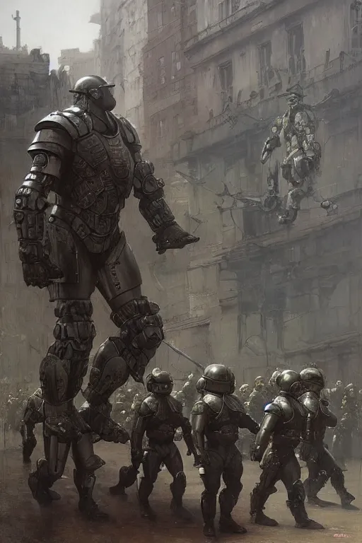 Prompt: soldiers on city street observe a martyn ford as a huge bipedal martian wearing armour, painted by ruan jia, raymond swanland, lawrence alma tadema, zdzislaw beksinski, norman rockwell, jack kirby, tom lovell, alex malveda, greg staples