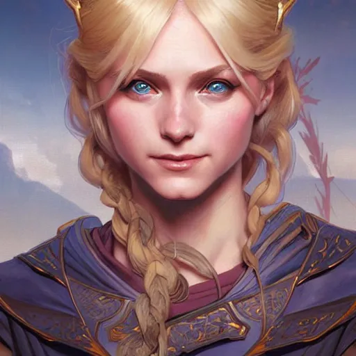 Image similar to an epic fantasy comic book style portrait painting of a young blonde girl thief, d & d, fantasy, joyful smirk, intricate, elegant, digital painting, artstation, extremely detailed, concept art, matte, sharp focus, illustration, art by artgerm and greg rutkowski and alphonse mucha