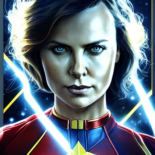 Image similar to Charlize Theron As Captain Marvel, artists portrait, fantasy, highly detailed, digital painting, concept art, sharp focus, depth of field blur, illustration, art by artgerm and greg rutkowski and alphonse mucha