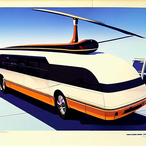 Image similar to concept art for helicopter + bus, painted by syd mead, high quality