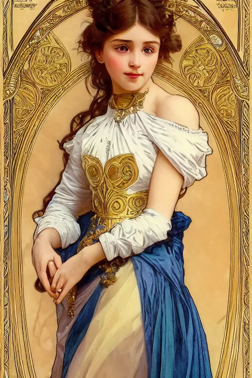 Prompt: portrait of a girl wearing an ornate gold and white dress, full body shot, highly detailed fantasy artstation artgerm alphonz mucha