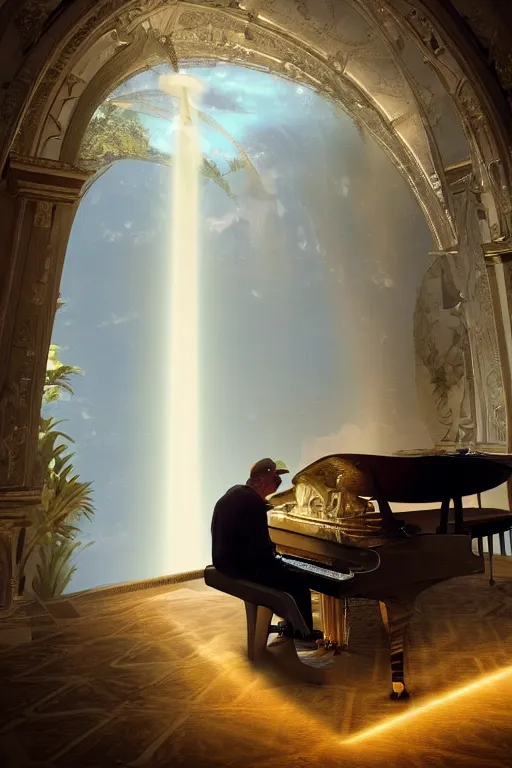 Prompt: Mac Miller playing the piano in the middle of a marble palace in Heaven, Golden Halo, RIP, Heavenly, Divinity, waterfalls, beams of golden light, Hope, Ethereal, Symmetry, environment concept, Atmospheric Lighting, artstation trending, ladders, angelic, Rendered in Octane, trending on artstation, cgsociety,, environment 8K artstation, cinematic, intricate details, 4k detail post processing, hyperrealistic, ultra detailed cinematic