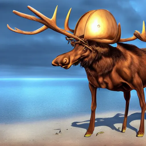 Image similar to anthropomorphic moose pirate humanoid by mike winklemann, pirate ship, sea, fantasy